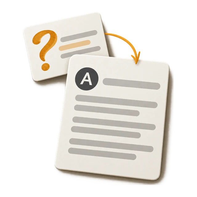 A stylised amber question mark on a question card connects to an answer card