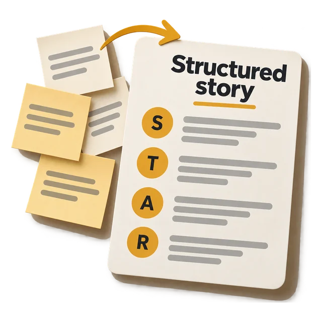 A leading rounded Structured story sheet with STAR sections, with Post-it notes behind it and an arrow connecting them