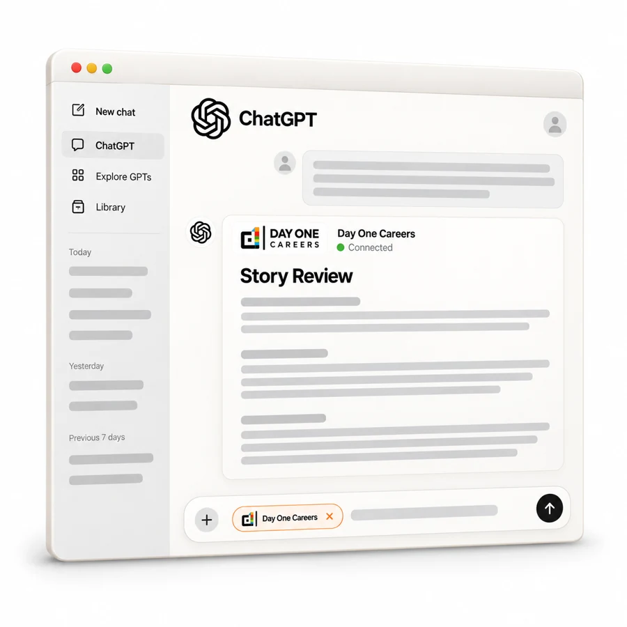 Illustration of ChatGPT connected to Day One Careers, showing a specialist story review with placeholder feedback